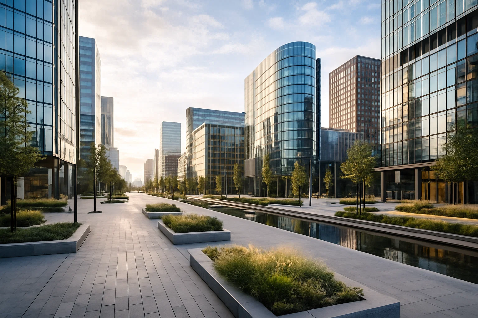 Modern zakelijk district met goed bereikbare kantoorgebouwen.