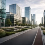 Zakelijk district met moderne kantoorgebouwen en sterke uitstraling.