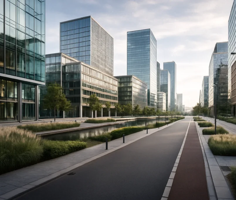 Zakelijk district met moderne kantoorgebouwen en sterke uitstraling.