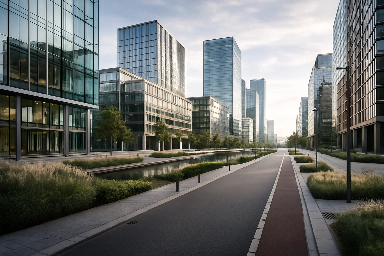 Zakelijk district met moderne kantoorgebouwen en sterke uitstraling.